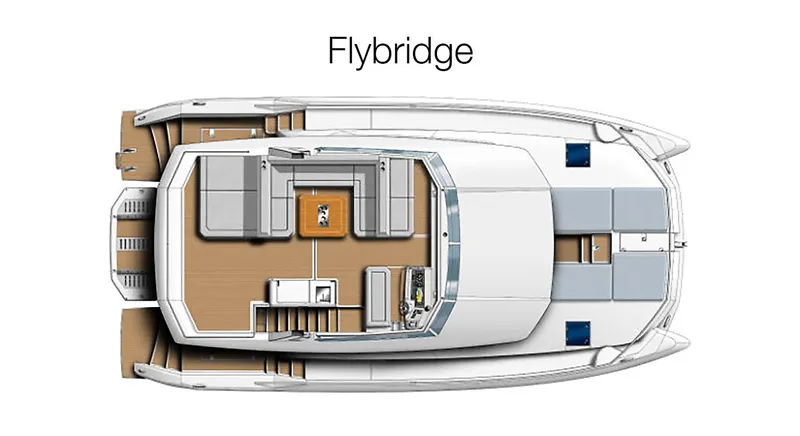 Hamlet Yacht Photos Pics Top view of 2023 Leopard Powercat flybridge layout with seating and helm station.