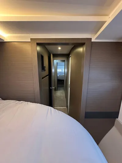 Hamlet Yacht Photos Pics 2023 Leopard Powercat interior cabin with modern design and cozy lighting.