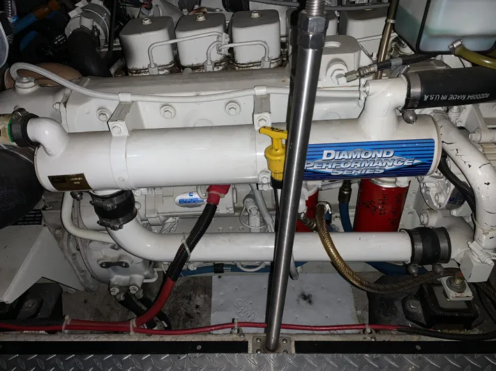 Why Knot Yacht Photos Pics Engine room of 2001 Carver 396 Motor Yacht with Diamond Performance parts.