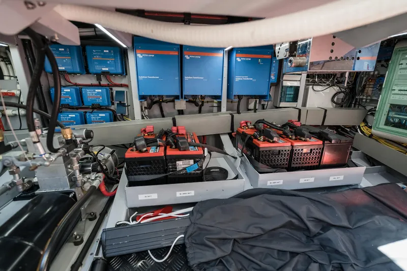 Robin's Nest Yacht Photos Pics Engine room of 2023 Vanquish Yachts VQ45 Veloce Hardtop with batteries and electrical systems.