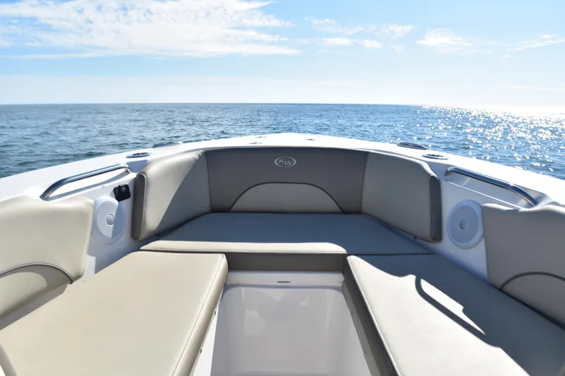  Yacht Photos Pics 2024 Key West 263 FS boat interior with ocean view, featuring comfortable seating.