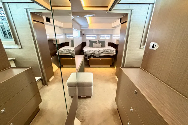  Yacht Photos Pics Luxurious interior of 2022 Leopard 46 Powercat yacht with modern wood finish.