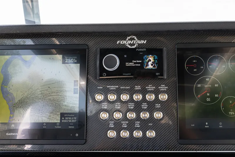  Yacht Photos Pics Dashboard of 2023 Fountain 38 SC boat with navigation and control panels.