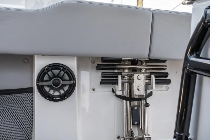  Yacht Photos Pics 2023 Fountain 38 SC boat interior with speaker and metal fittings.
