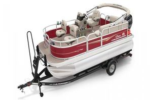 2024 Sun Tracker Bass Buggy 16 XL Select pontoon boat on trailer, red and white design.