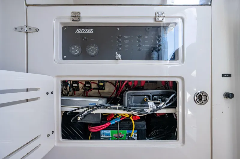  Yacht Photos Pics Electrical panel and wiring inside a 2013 Jupiter 34 boat.