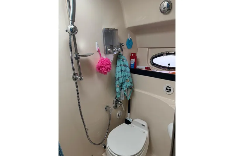 Borabora III Yacht Photos Pics 2007 Regal Commodore 3760 IB bathroom with shower, toilet, and porthole window.