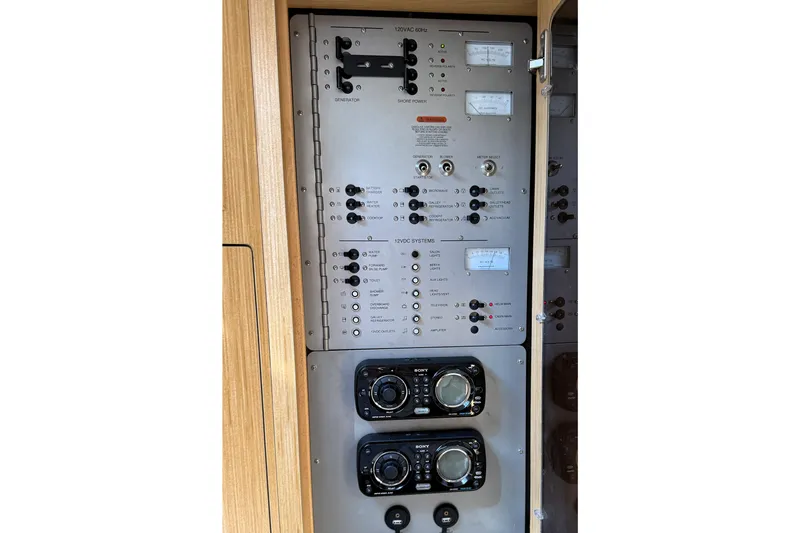  Yacht Photos Pics Control panel of 2013 Four Winns Vista 375 boat with switches and gauges.