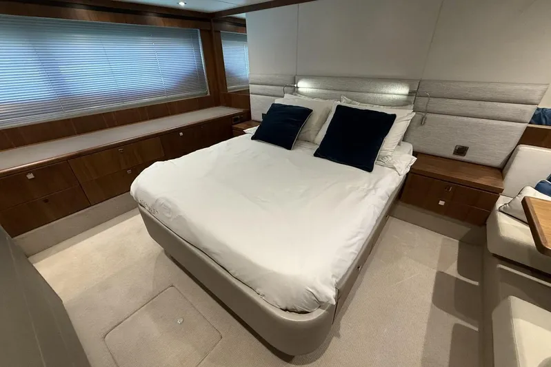 M/y Bishwish Yacht Photos Pics Luxurious bedroom interior of 2018 Sunseeker Manhattan 66 yacht with modern design.
