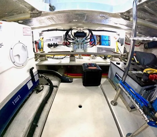 Docside Yacht Photos Pics Engine room of 2021 Galeon 430 HTC yacht, showcasing equipment and wiring.