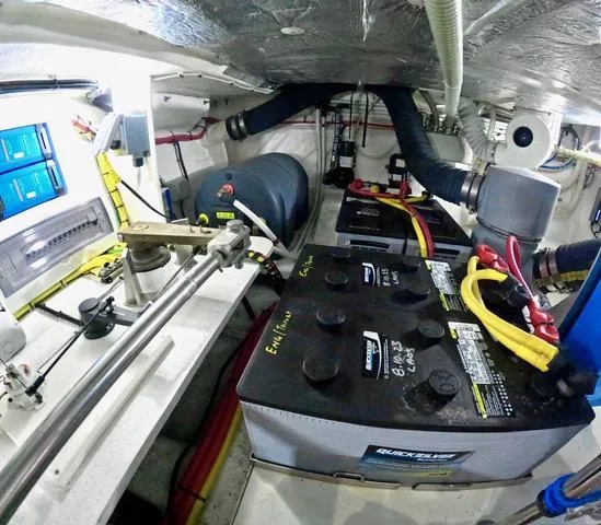 Docside Yacht Photos Pics Engine room of 2021 Galeon 430 HTC yacht with batteries and equipment.
