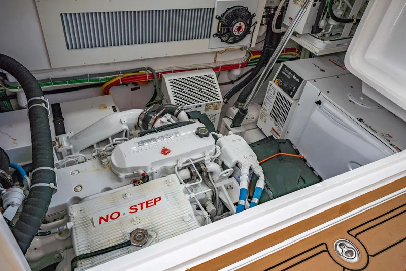 Fin Planner II Yacht Photos Pics Engine room of 2021 Viking 38 Billfish boat, showcasing mechanical components and wiring.