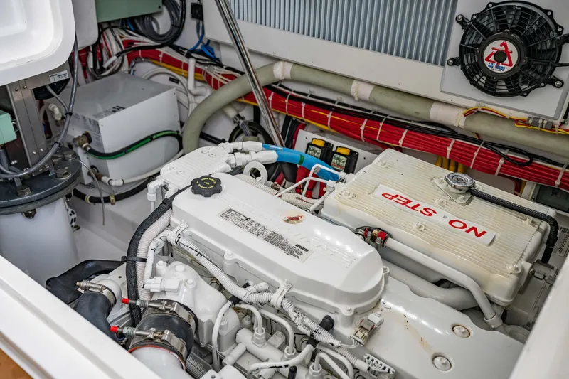 Fin Planner II Yacht Photos Pics Engine room of 2021 Viking 38 Billfish boat, showcasing detailed mechanical components.