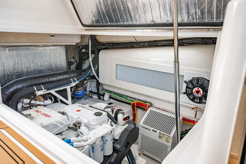 Fin Planner II Yacht Photos Pics Engine room of 2021 Viking 38 Billfish boat, showcasing modern equipment and design.