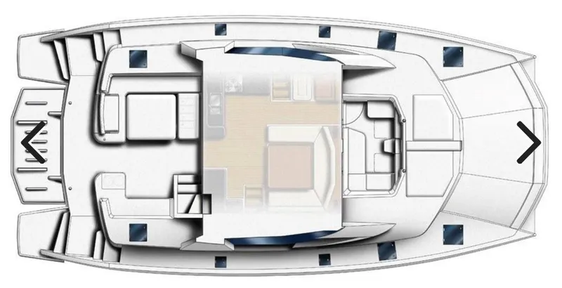  Yacht Photos Pics Top view layout of a 2014 Leopard 51 Powercat yacht, showcasing interior and deck design.