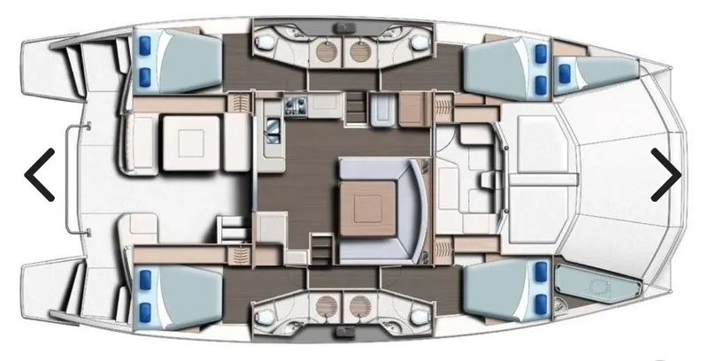  Yacht Photos Pics Floor plan of a 2014 Leopard 51 Powercat, featuring multiple cabins and living areas.