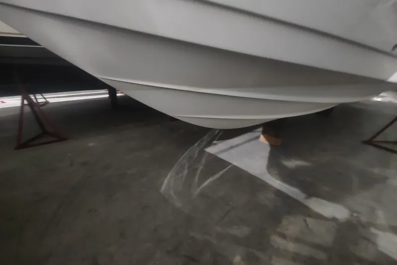  Yacht Photos Pics 2017 Sea Fox 328 Commander boat hull in storage, showing sleek design and structure.