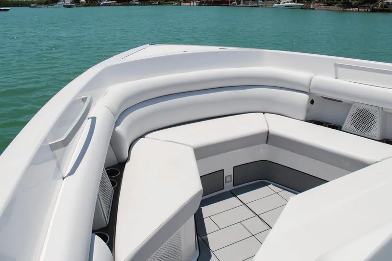  Yacht Photos Pics Luxurious seating area on 2023 Aviara AV40 OB boat, with sleek white upholstery.