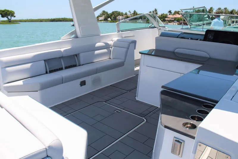  Yacht Photos Pics 2023 Aviara AV40 OB luxury boat interior with sleek seating and modern amenities.