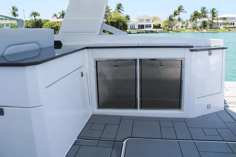  Yacht Photos Pics 2023 Aviara AV40 OB boat interior with sleek cabinetry and modern design.