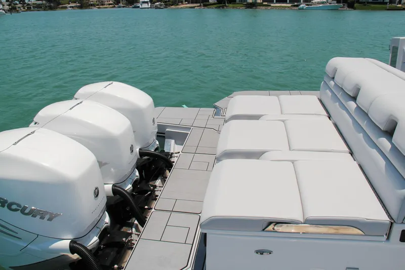  Yacht Photos Pics 2023 Aviara AV40 OB boat with triple Mercury outboard engines and spacious seating.