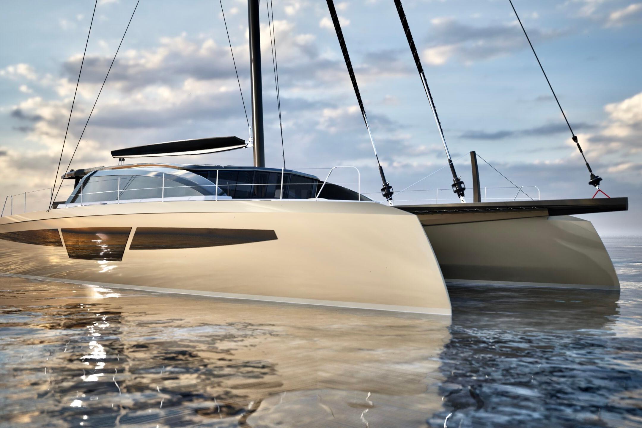 2027 Comar C-CAT 56 catamaran sailing on calm waters under a cloudy sky.