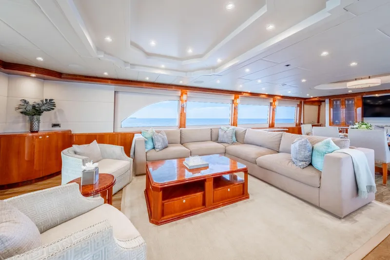  Yacht Photos Pics Luxurious interior of 2009 Hargrave Raised Pilothouse yacht with elegant seating and ocean view.