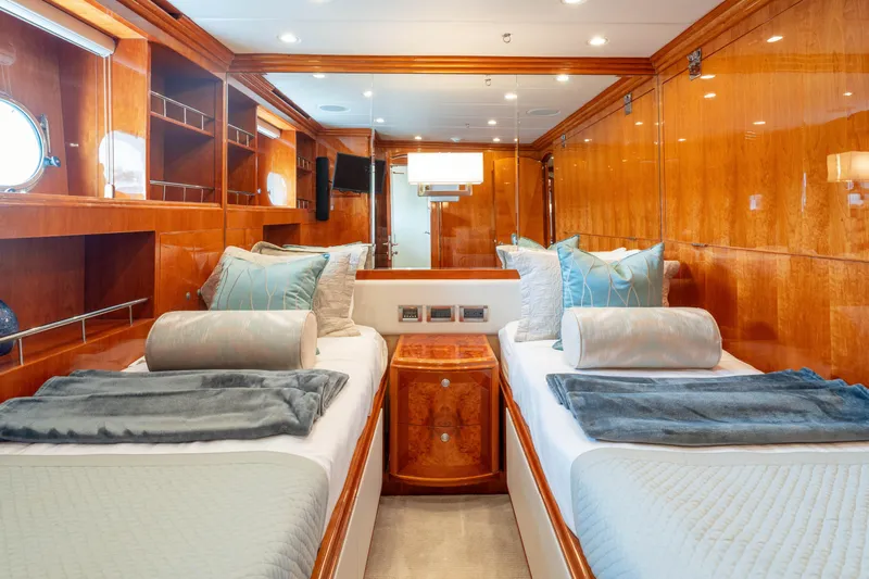  Yacht Photos Pics Luxurious twin cabin interior on 2009 Hargrave Raised Pilothouse yacht with elegant wood finishes.