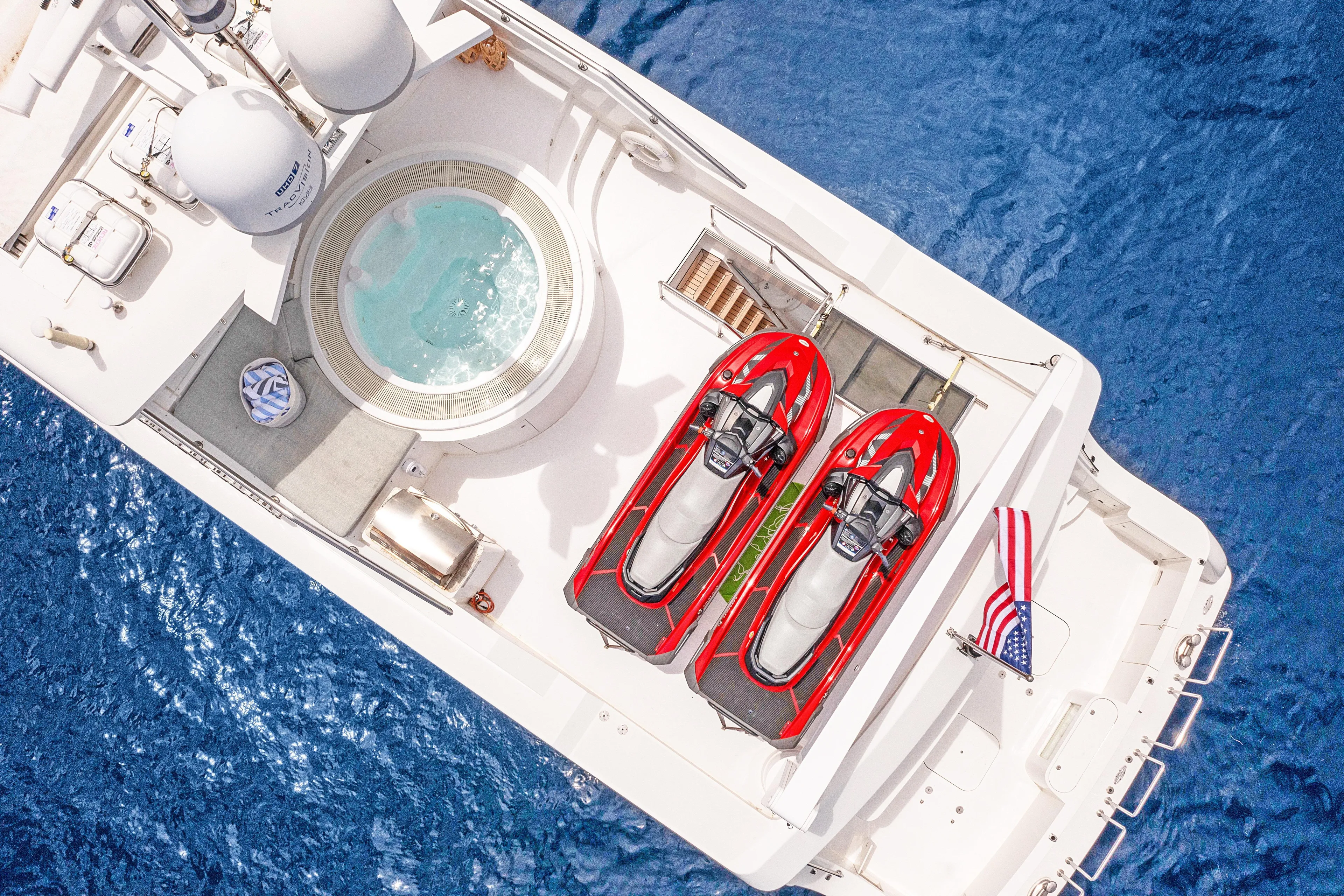  Yacht Photos Pics Aerial view of 2009 Hargrave Raised Pilothouse yacht with jacuzzi and jet skis.