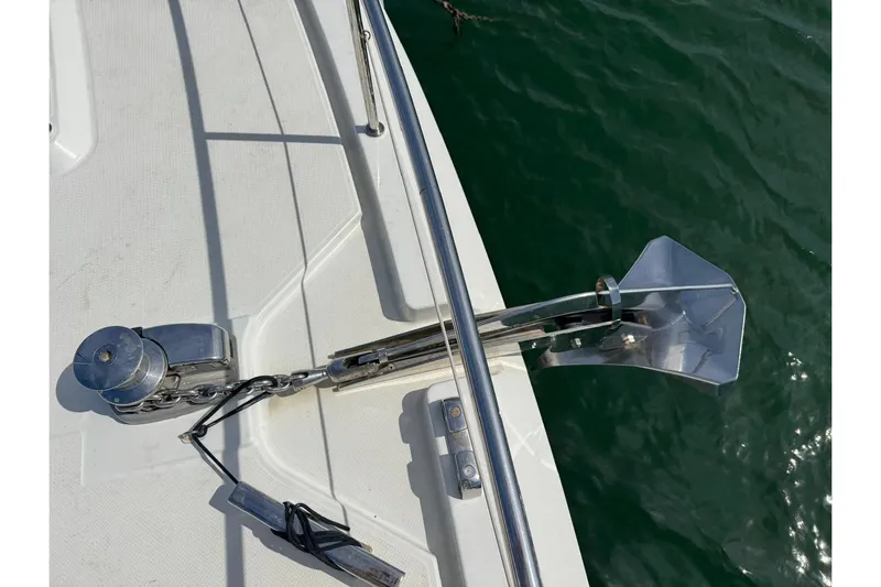November Xiii Yacht Photos Pics Anchor system on 2019 Fountaine Pajot MY 44 yacht, docked on calm water.