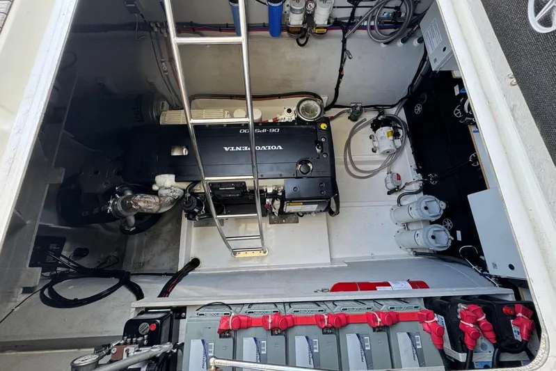 November Xiii Yacht Photos Pics Engine room of 2019 Fountaine Pajot MY 44 with Volvo Penta engine and batteries.