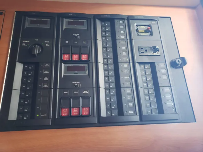  Yacht Photos Pics Control panel of 2016 Mystic Powerboats M4200 with switches and gauges.