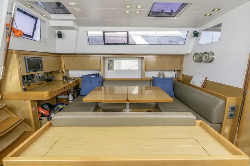 Blue Sky Yacht Photos Pics Interior of 2012 Beneteau Sense 50 yacht with modern seating and navigation area.