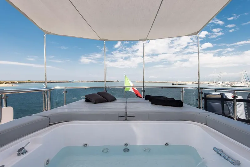  Yacht Photos Pics Luxurious 2015 Maiora 24S yacht deck with jacuzzi and ocean view.