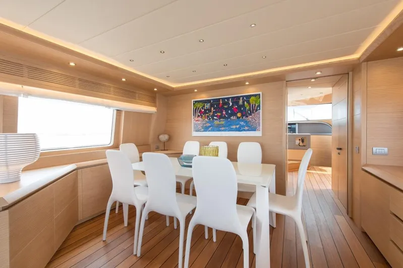  Yacht Photos Pics Luxurious Maiora 24S 2015 yacht interior with elegant dining area and modern decor.