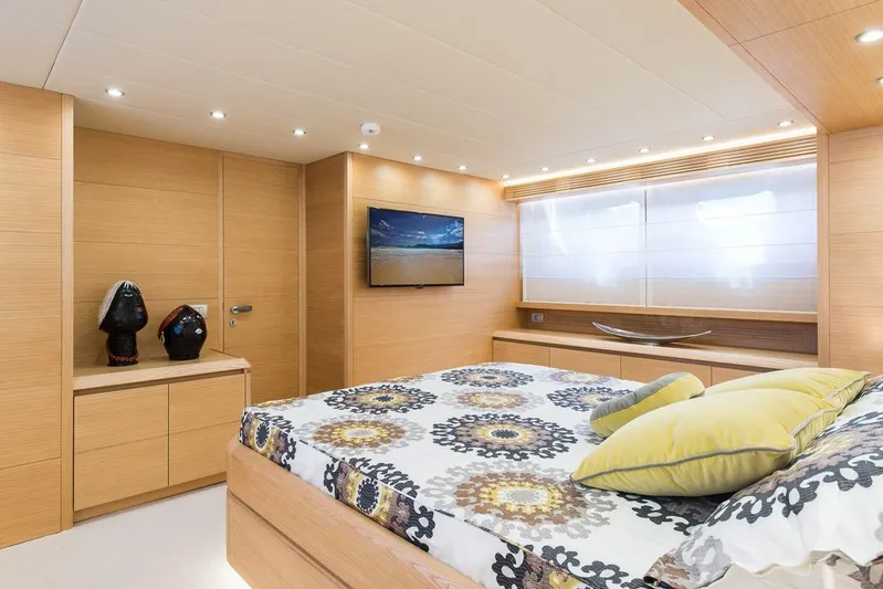  Yacht Photos Pics Luxurious Maiora 24S 2015 yacht bedroom with modern decor and elegant furnishings.