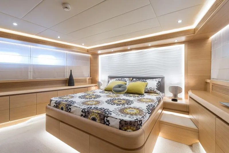  Yacht Photos Pics Luxurious bedroom interior on 2015 Maiora 24S yacht, featuring modern design and ambient lighting.
