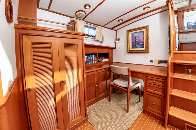 I Freedom I Yacht Photos Pics Interior of 2005 Grand Banks 49 Eastbay SX with wooden furnishings.