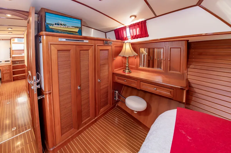 I Freedom I Yacht Photos Pics Interior of 2005 Grand Banks 49 Eastbay SX yacht with wooden furnishings.
