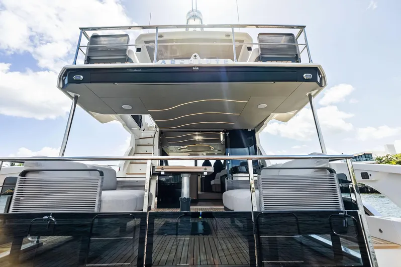 Lobster Tails Yacht Photos Pics Luxury Absolute 52 FLY yacht, 2023 model, featuring spacious deck and modern design.