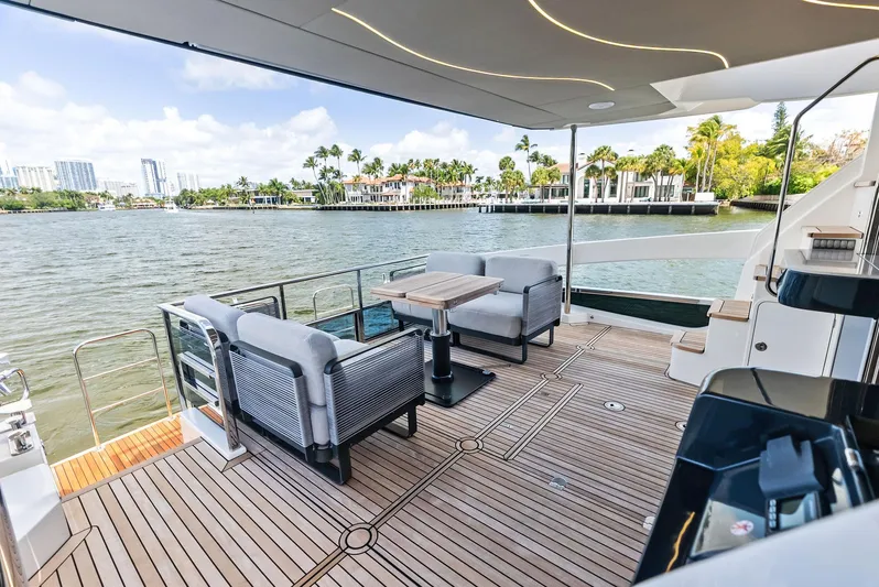 Lobster Tails Yacht Photos Pics Luxury deck of 2023 Absolute 52 FLY yacht with waterfront view.