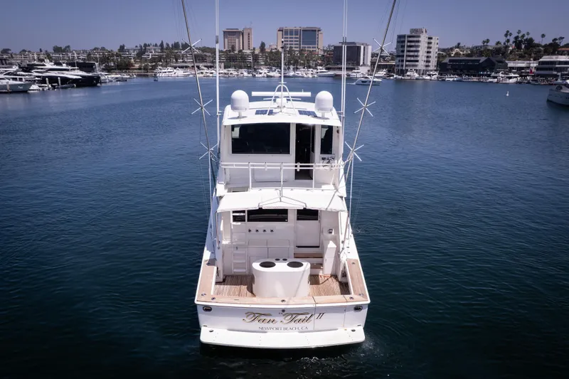 Fan Tail II Yacht Photos Pics 1995 Viking Enclosed Bridge yacht docked in a marina, surrounded by calm waters and cityscape.