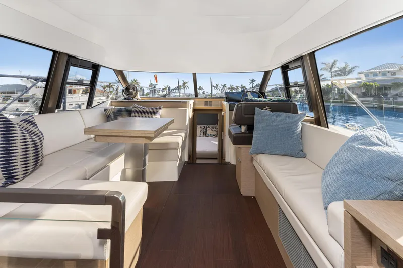 Next Waypoint Yacht Photos Pics Luxurious interior of 2020 Prestige 420 Flybridge yacht with elegant seating and panoramic windows.