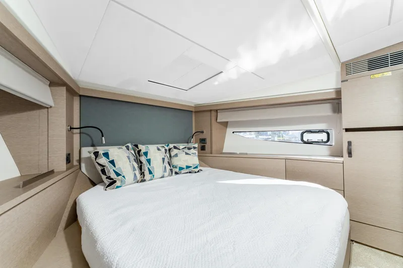 Next Waypoint Yacht Photos Pics Luxurious bedroom interior of 2020 Prestige 420 Flybridge yacht.