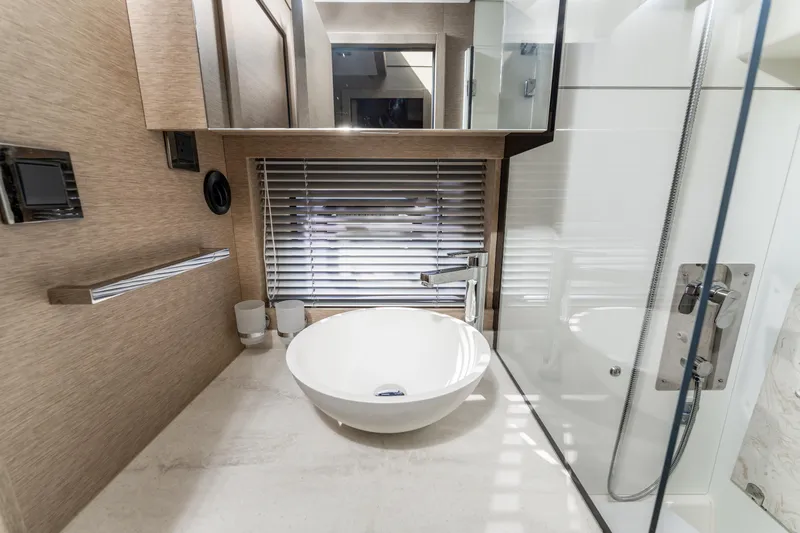Next Waypoint Yacht Photos Pics Luxurious bathroom in 2020 Prestige 420 Flybridge yacht with modern sink and sleek design.