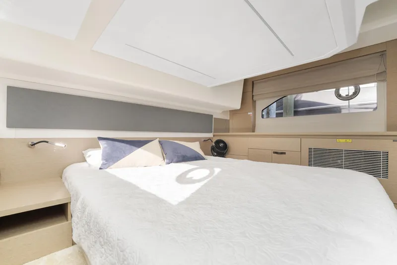 Next Waypoint Yacht Photos Pics Luxurious bedroom interior of 2020 Prestige 420 Flybridge yacht.