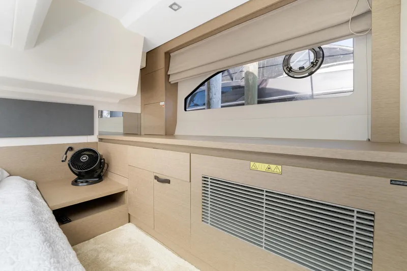 Next Waypoint Yacht Photos Pics Interior of 2020 Prestige 420 Flybridge yacht cabin with modern design and window view.