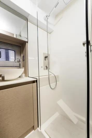 Next Waypoint Yacht Photos Pics Modern bathroom in 2020 Prestige 420 Flybridge yacht with sleek shower and basin.