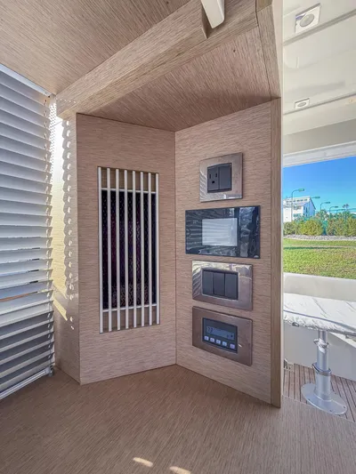 Next Waypoint Yacht Photos Pics Control panel inside 2020 Prestige 420 Flybridge yacht, featuring modern design and technology.