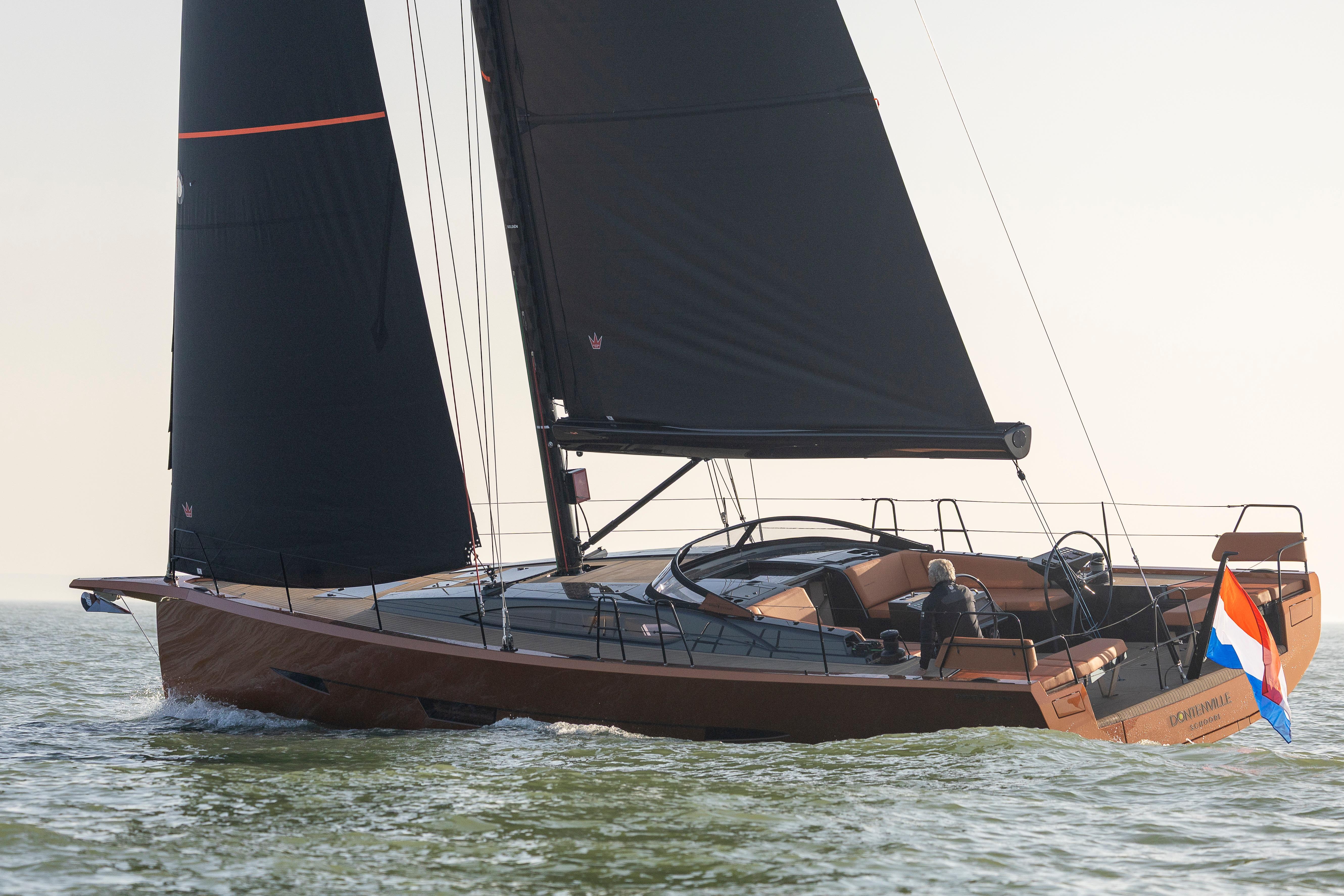 2027 Saffier SL 46 MED sailing yacht with sleek design and black sails on open water.